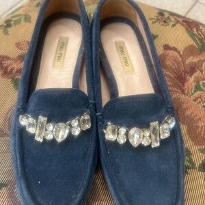 Miu Miu Navy Suede Loafers with Sparkling Embellishments